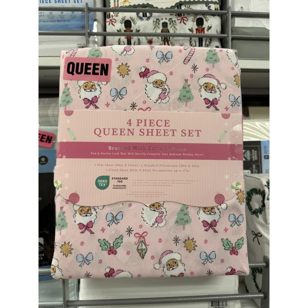 ENVOGUE Christmas Holiday Pink Santa Sheet Set - 4-pc QUEEN Size Set